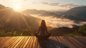 Mujer meditando al amanecer en retiro espiritual con vistas a montañas de Granada