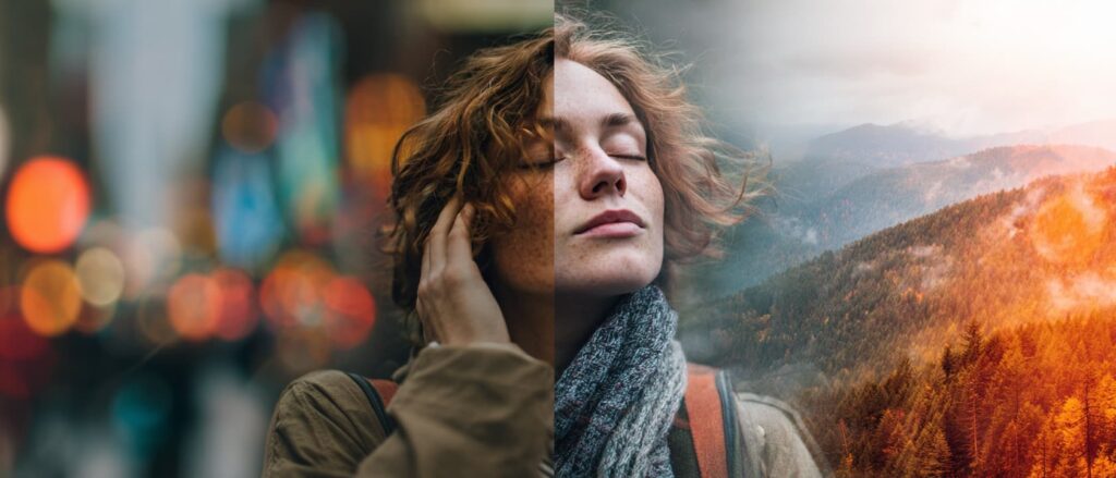 Transformación personal antes y después de un retiro espiritual mostrando bienestar