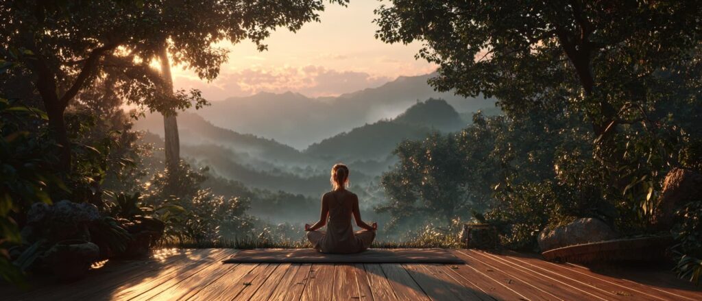 Meditación en la naturaleza durante retiro de mindfulness en entorno natural"