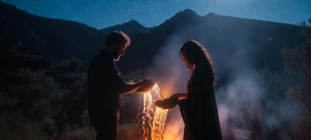 Ritual simbólico de fuego en retiro espiritual de pareja en Granada, ceremonia consciente para reconectar el vínculo