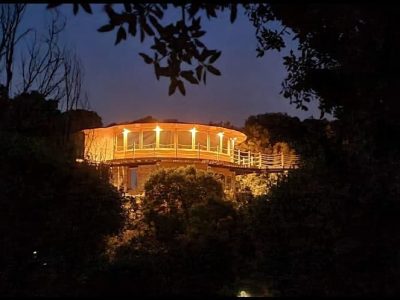 Edificio principal de Luz de Sirius iluminado y rodeado de naturaleza al anochecer